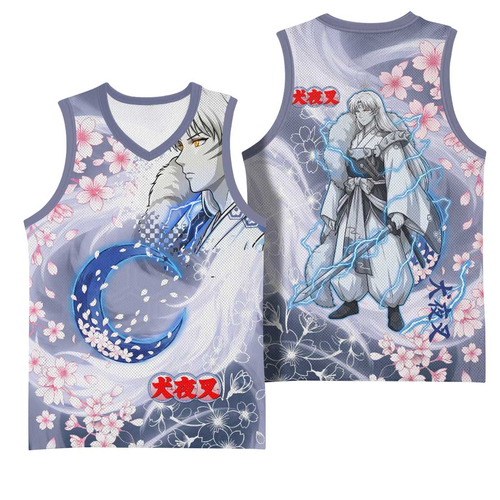 Sesshomaru Inuyasha Series Basketball Jersey Elegant Sakura Storm Style with Crescent Moon Motif