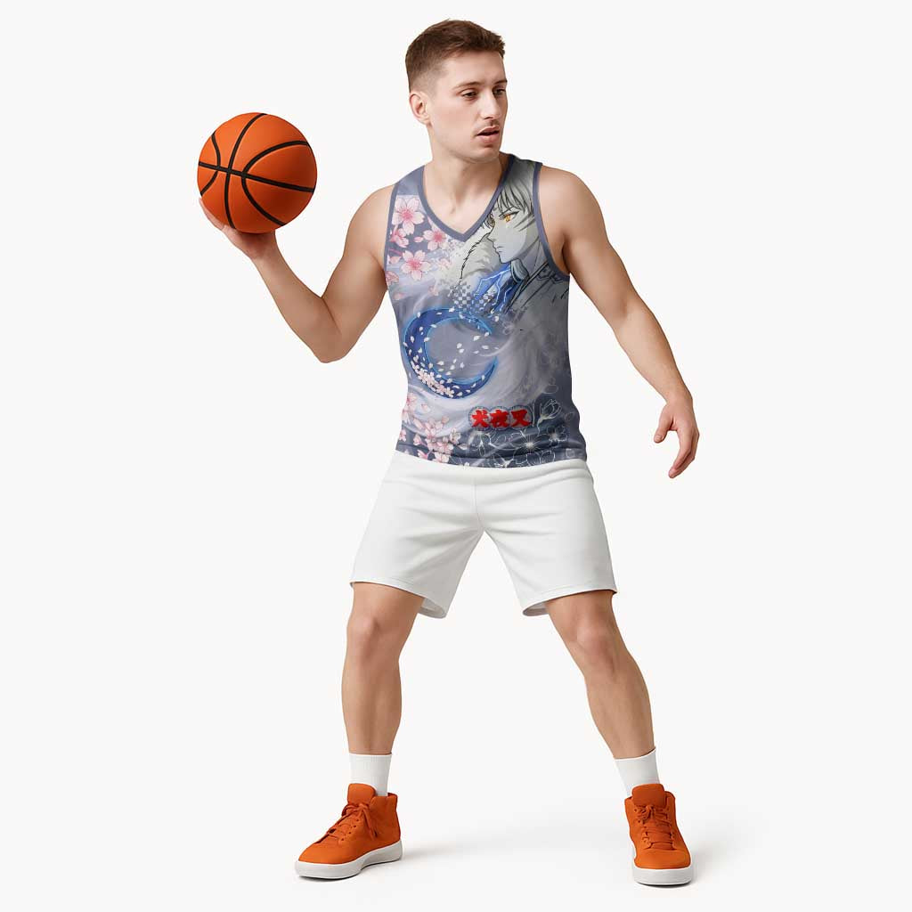 Sesshomaru Inuyasha Series Basketball Jersey Elegant Sakura Storm Style with Crescent Moon Motif