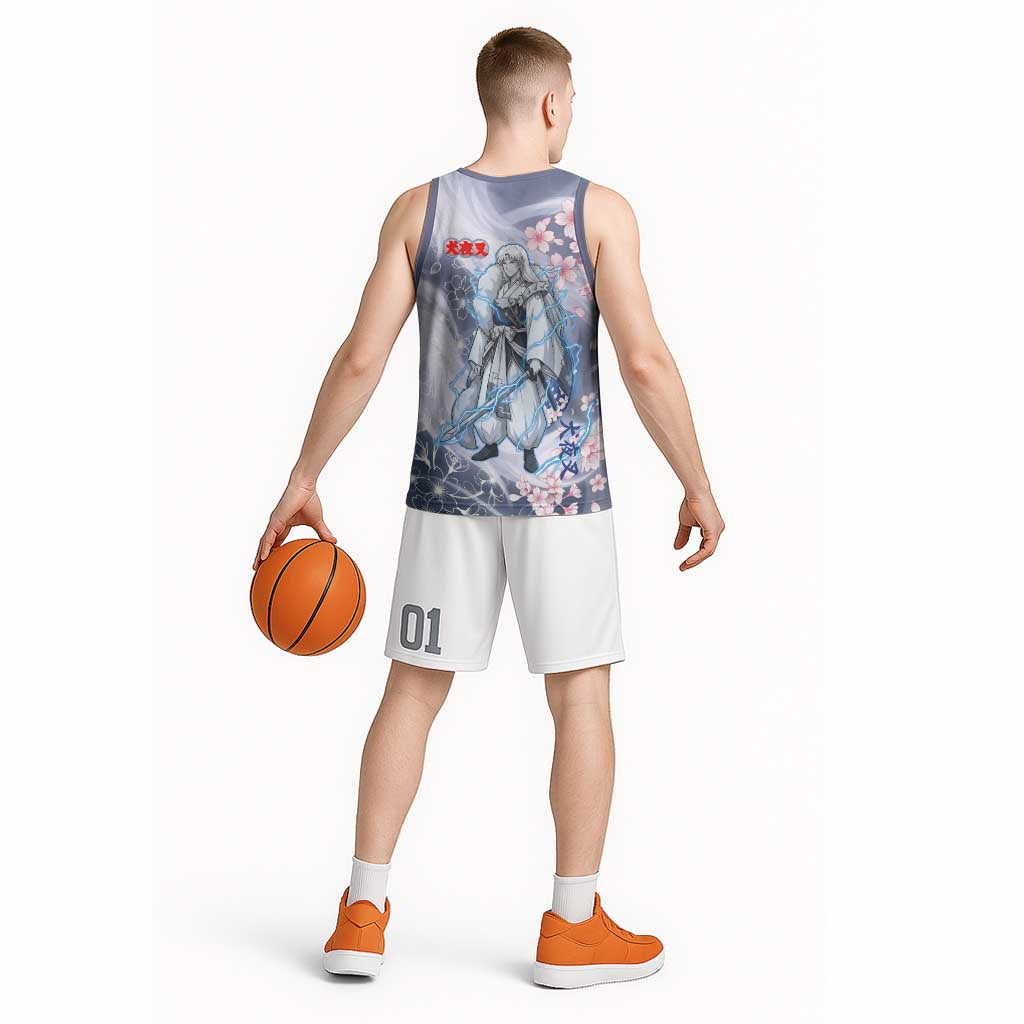 Sesshomaru Inuyasha Series Basketball Jersey Elegant Sakura Storm Style with Crescent Moon Motif