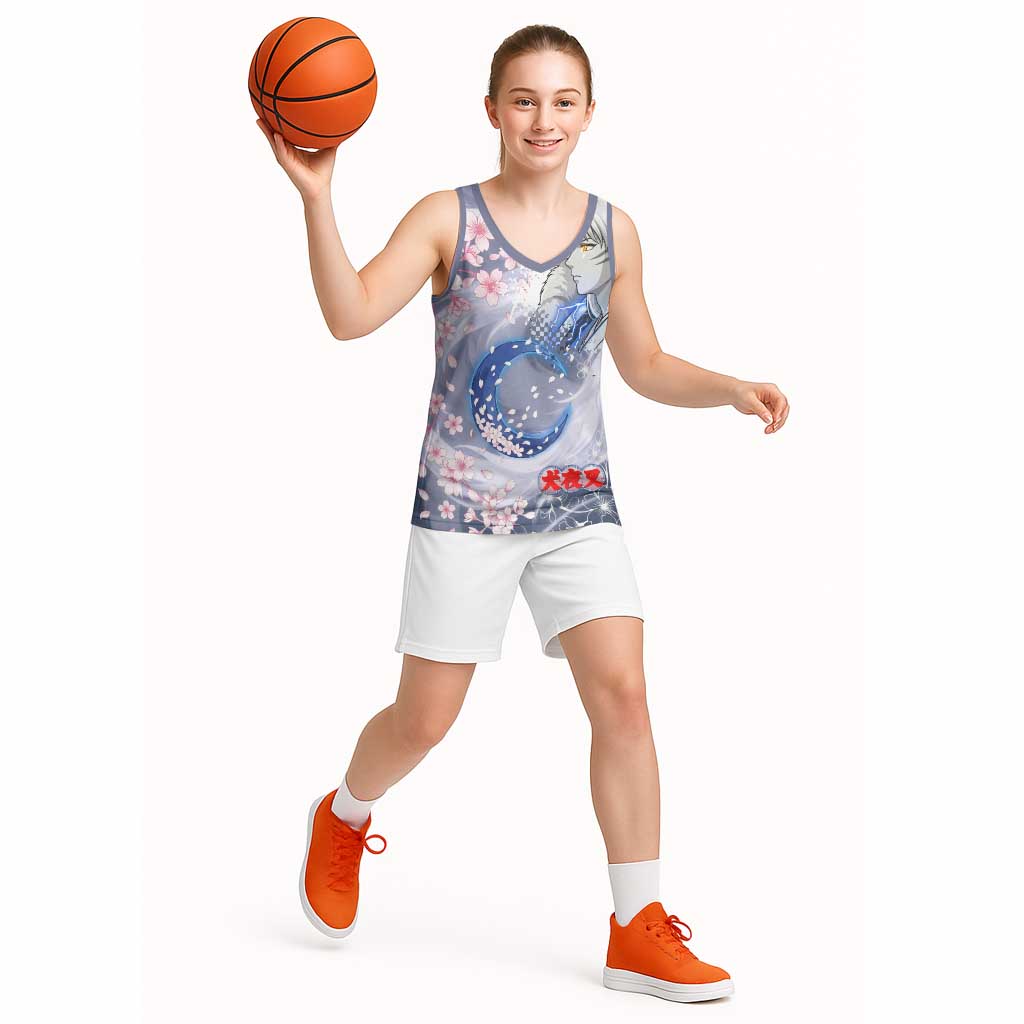 Sesshomaru Inuyasha Series Basketball Jersey Elegant Sakura Storm Style with Crescent Moon Motif