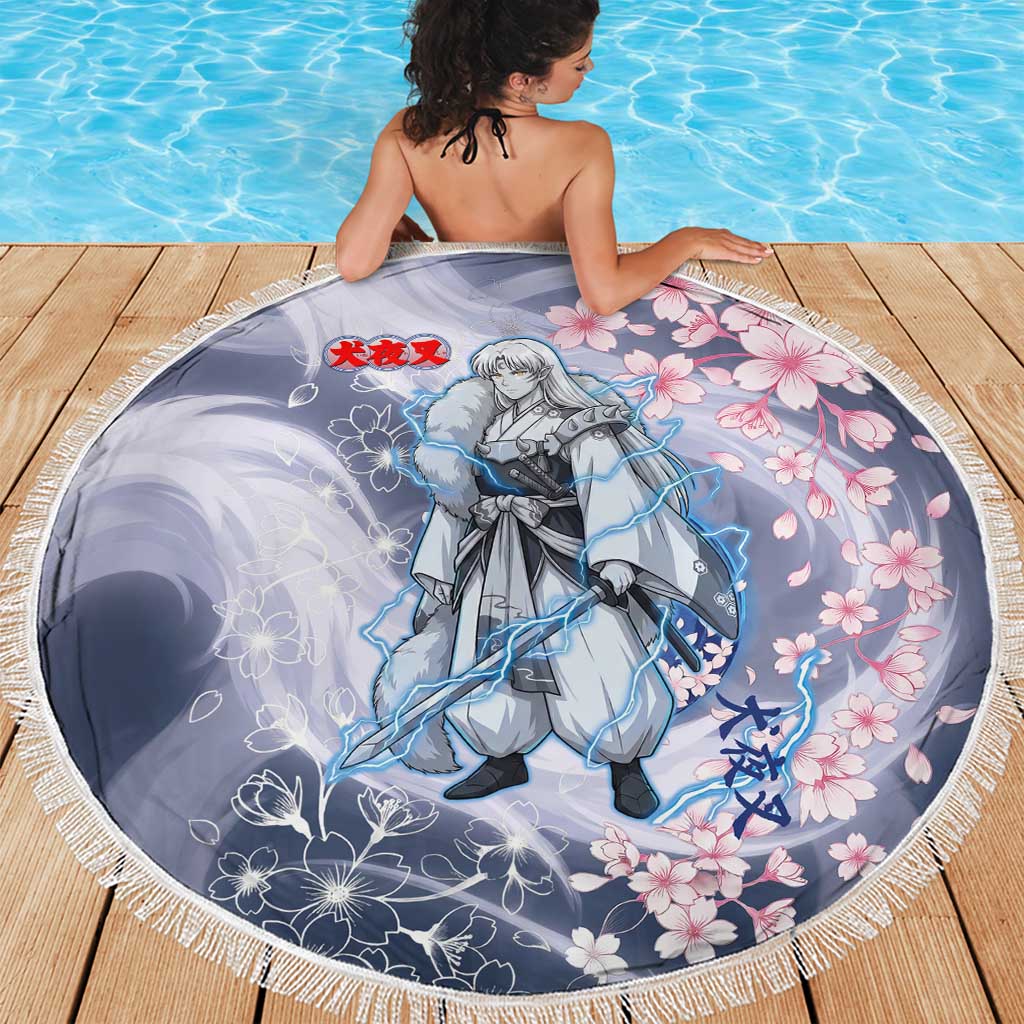 Sesshomaru Inuyasha Series Beach Blanket Elegant Sakura Storm Style with Crescent Moon Motif
