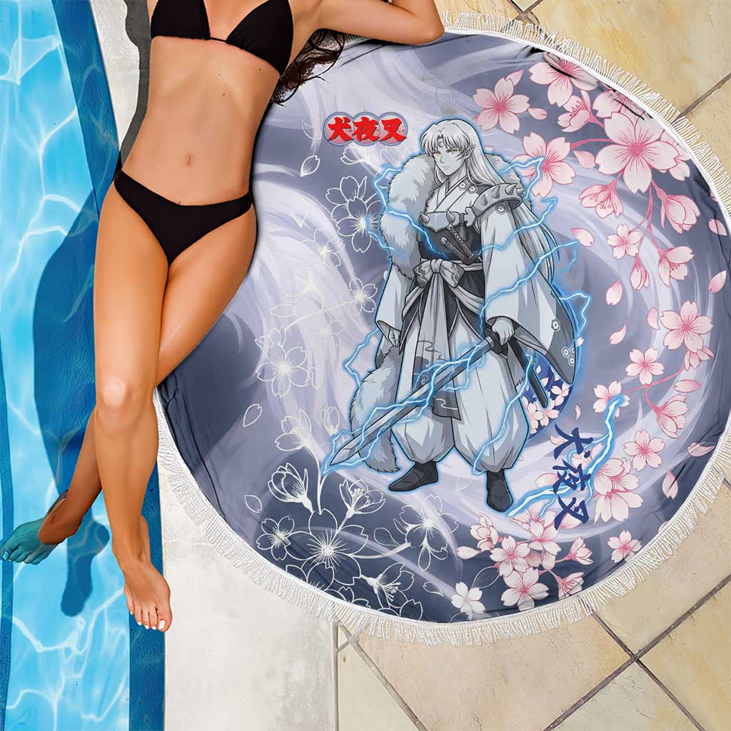 Sesshomaru Inuyasha Series Beach Blanket Elegant Sakura Storm Style with Crescent Moon Motif