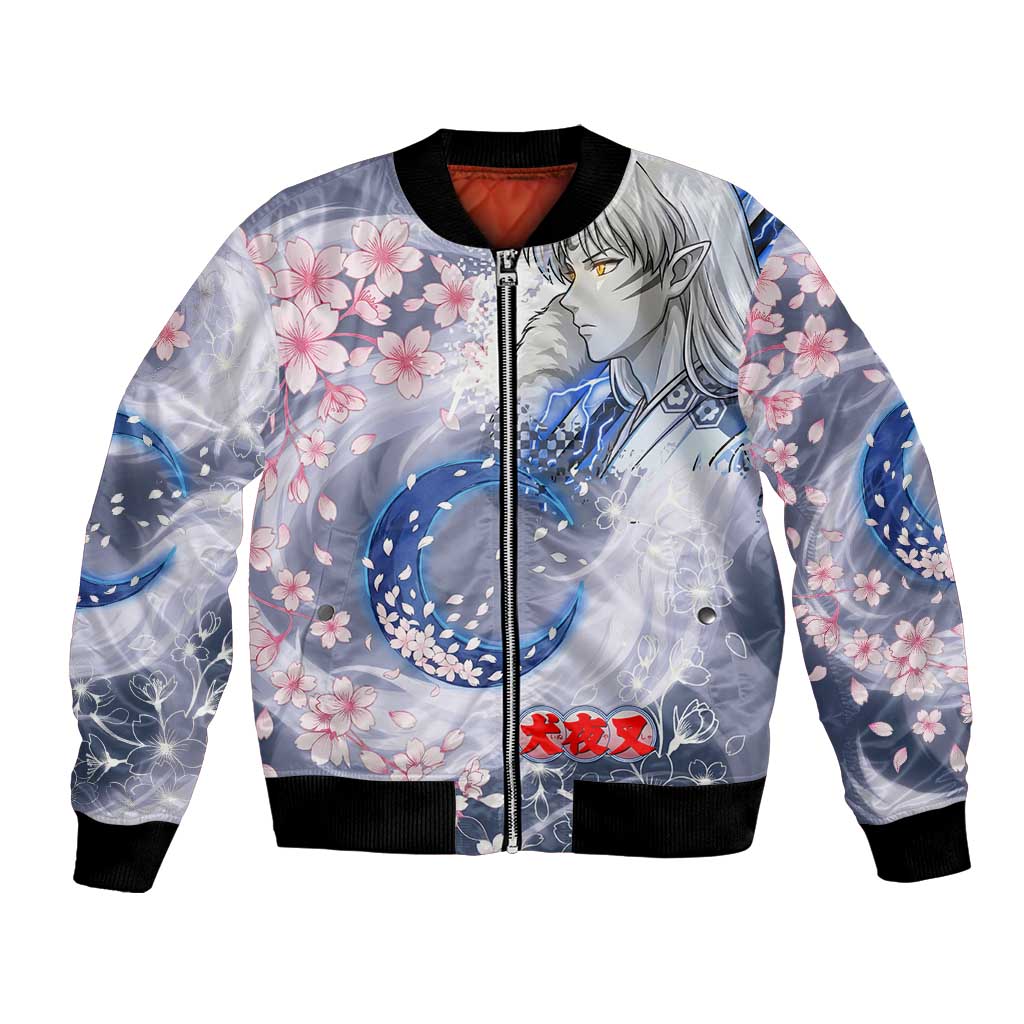 Sesshomaru Inuyasha Series Bomber Jacket Elegant Sakura Storm Style with Crescent Moon Motif