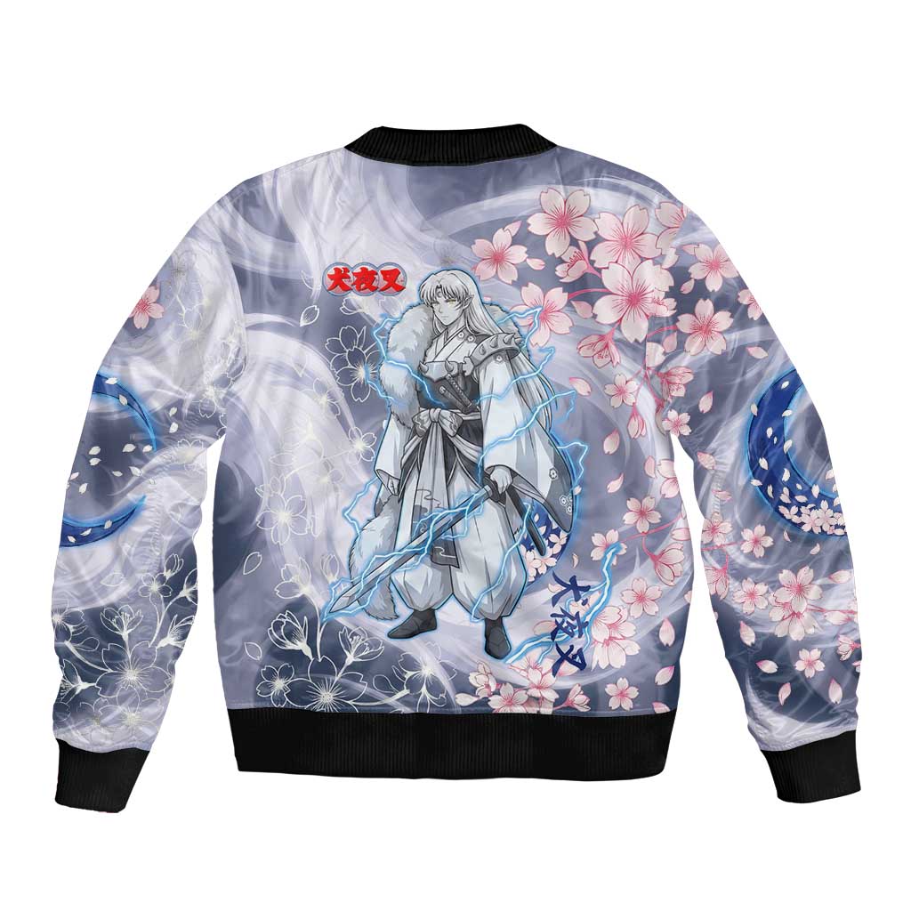 Sesshomaru Inuyasha Series Bomber Jacket Elegant Sakura Storm Style with Crescent Moon Motif