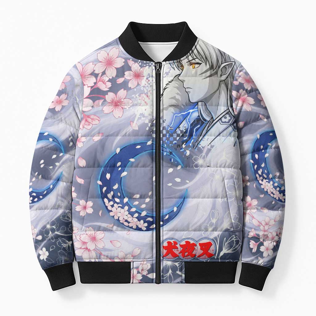 Sesshomaru Inuyasha Series Bomber Puffer Jacket Elegant Sakura Storm Style with Crescent Moon Motif
