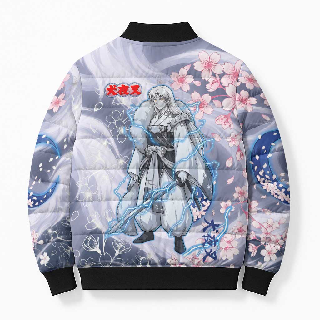 Sesshomaru Inuyasha Series Bomber Puffer Jacket Elegant Sakura Storm Style with Crescent Moon Motif