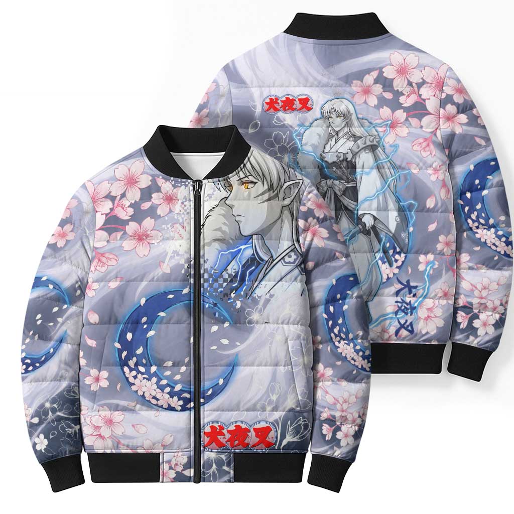 Sesshomaru Inuyasha Series Bomber Puffer Jacket Elegant Sakura Storm Style with Crescent Moon Motif