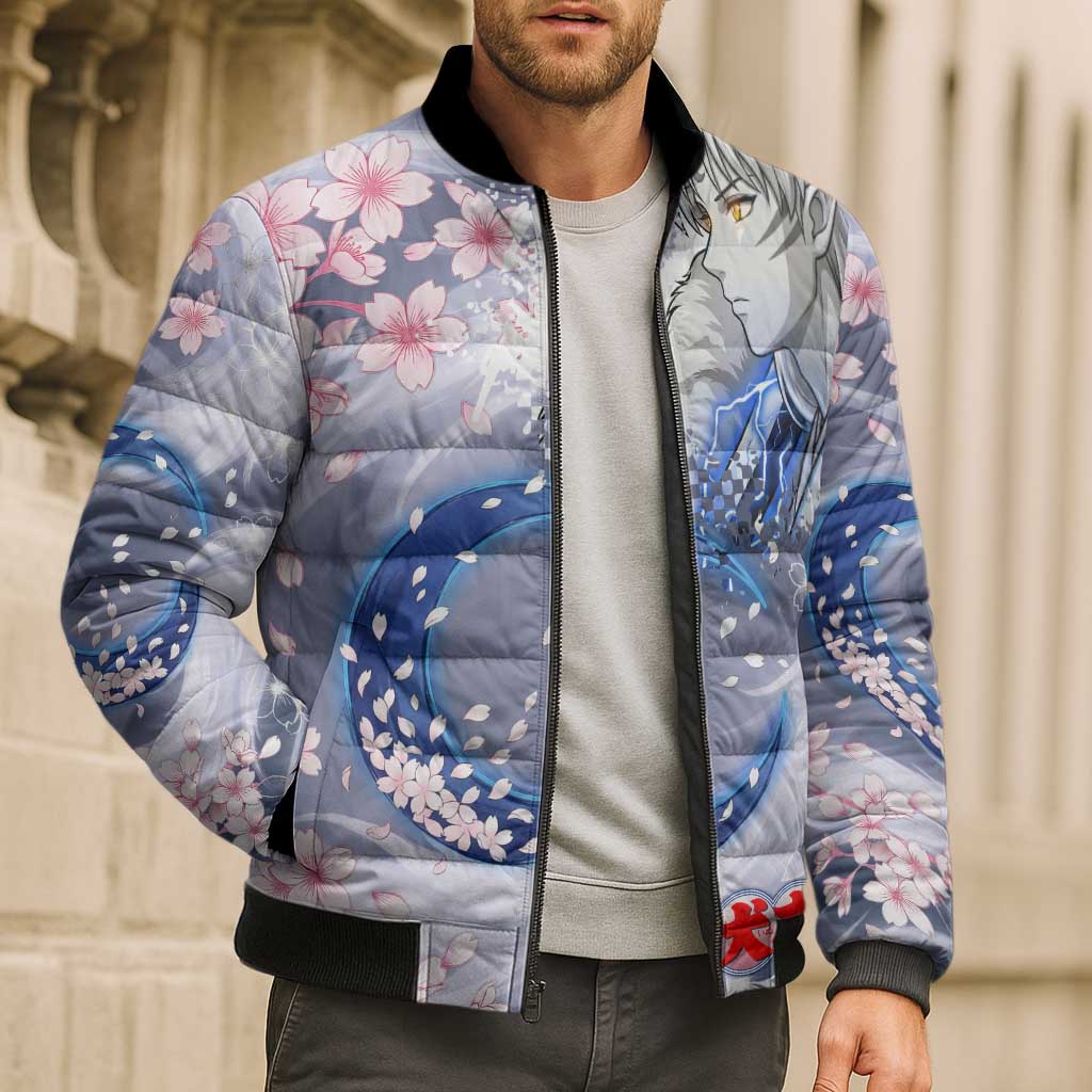 Sesshomaru Inuyasha Series Bomber Puffer Jacket Elegant Sakura Storm Style with Crescent Moon Motif
