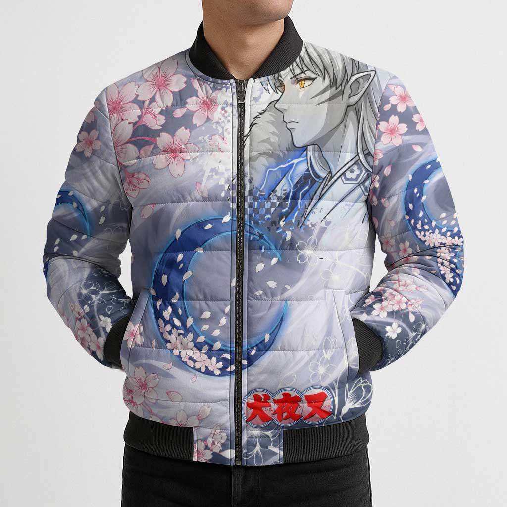 Sesshomaru Inuyasha Series Bomber Puffer Jacket Elegant Sakura Storm Style with Crescent Moon Motif