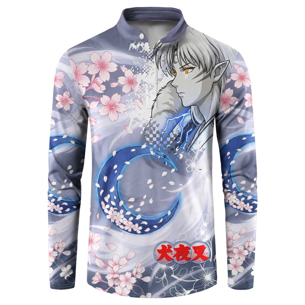 Sesshomaru Inuyasha Series Button Sweatshirt Elegant Sakura Storm Style with Crescent Moon Motif