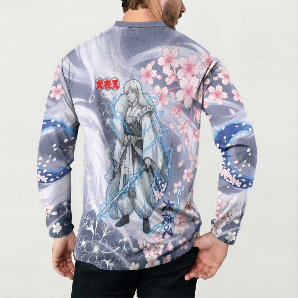 Sesshomaru Inuyasha Series Button Sweatshirt Elegant Sakura Storm Style with Crescent Moon Motif