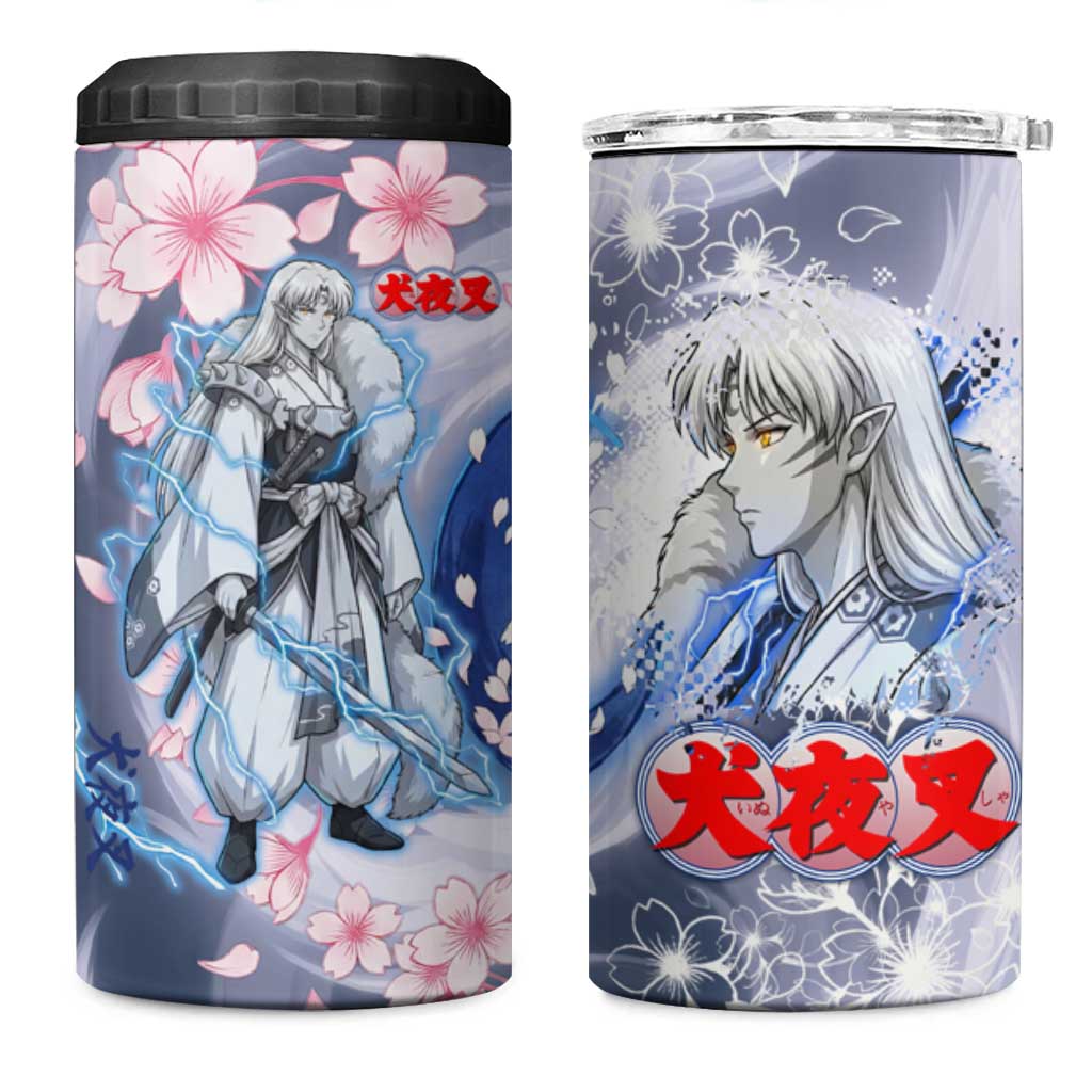 Sesshomaru Inuyasha Series 4 in 1 Can Cooler Tumbler Elegant Sakura Storm Style with Crescent Moon Motif