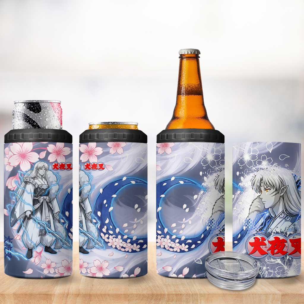 Sesshomaru Inuyasha Series 4 in 1 Can Cooler Tumbler Elegant Sakura Storm Style with Crescent Moon Motif