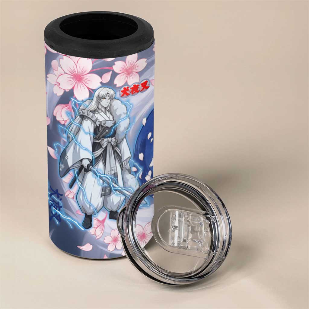 Sesshomaru Inuyasha Series 4 in 1 Can Cooler Tumbler Elegant Sakura Storm Style with Crescent Moon Motif