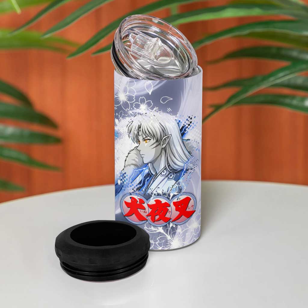 Sesshomaru Inuyasha Series 4 in 1 Can Cooler Tumbler Elegant Sakura Storm Style with Crescent Moon Motif