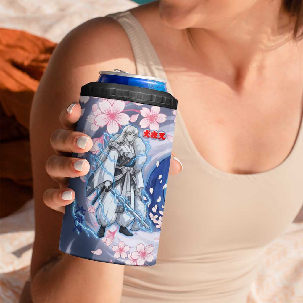 Sesshomaru Inuyasha Series 4 in 1 Can Cooler Tumbler Elegant Sakura Storm Style with Crescent Moon Motif