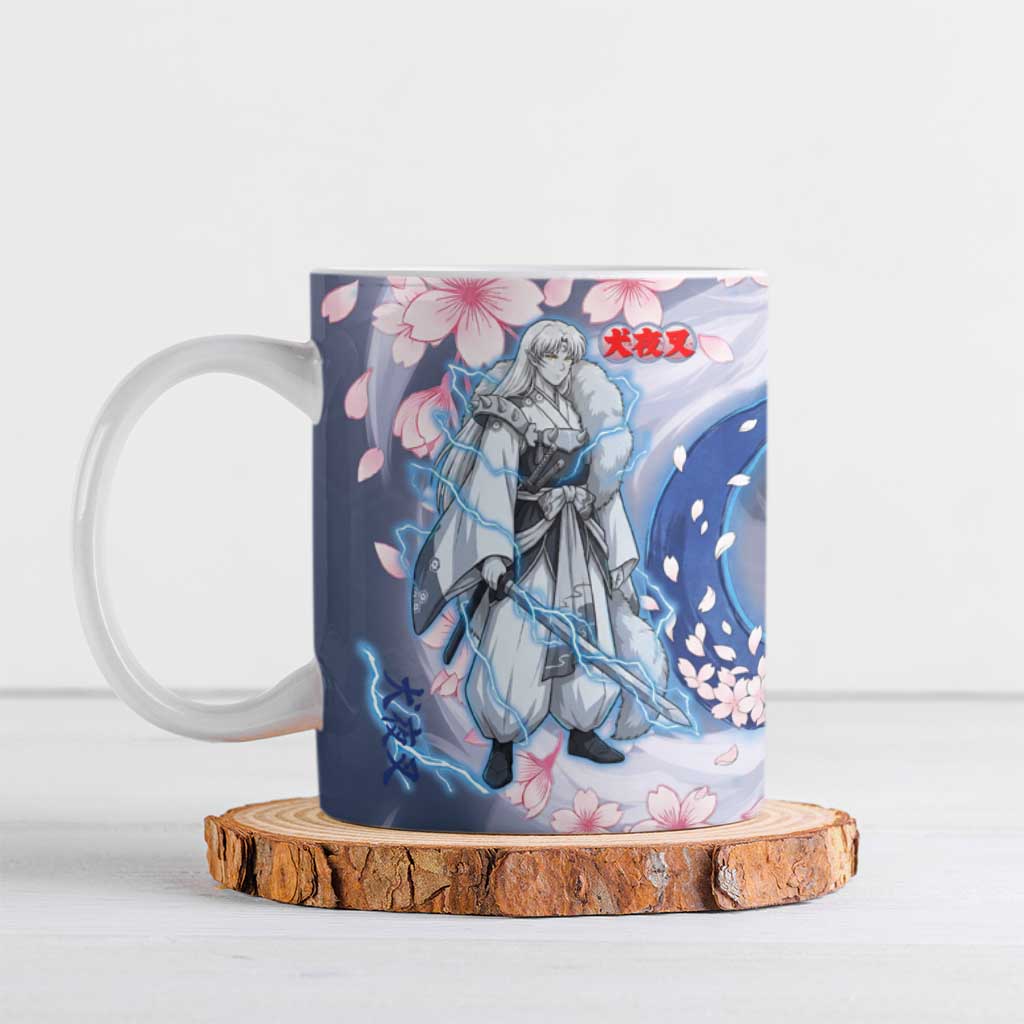 Sesshomaru Inuyasha Series Ceramic Mug Elegant Sakura Storm Style with Crescent Moon Motif