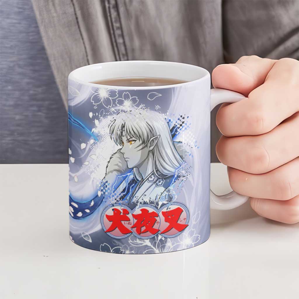 Sesshomaru Inuyasha Series Ceramic Mug Elegant Sakura Storm Style with Crescent Moon Motif