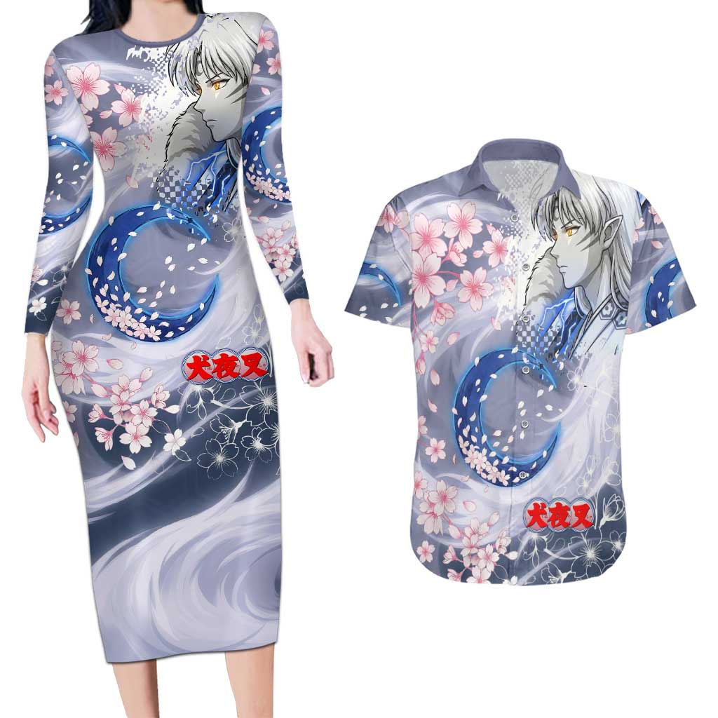 Sesshomaru Inuyasha Series Couples Matching Long Sleeve Bodycon Dress and Hawaiian Shirt Elegant Sakura Storm Style with Crescent Moon Motif