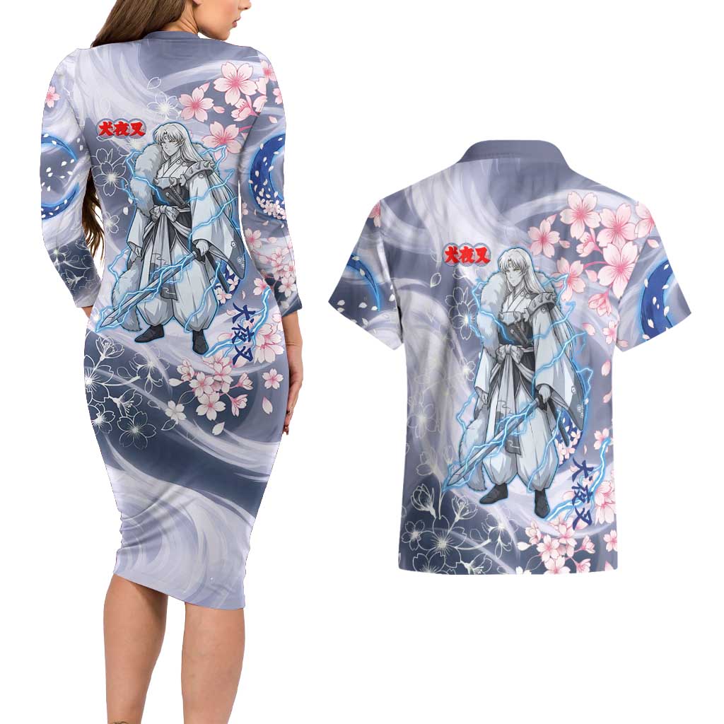 Sesshomaru Inuyasha Series Couples Matching Long Sleeve Bodycon Dress and Hawaiian Shirt Elegant Sakura Storm Style with Crescent Moon Motif