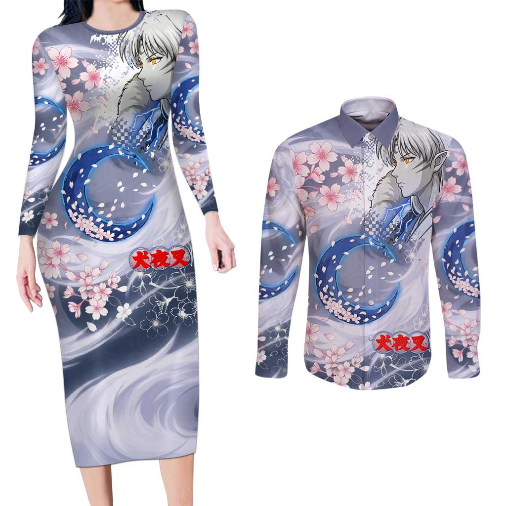 Sesshomaru Inuyasha Series Couples Matching Long Sleeve Bodycon Dress and Long Sleeve Button Shirt Elegant Sakura Storm Style with Crescent Moon Motif