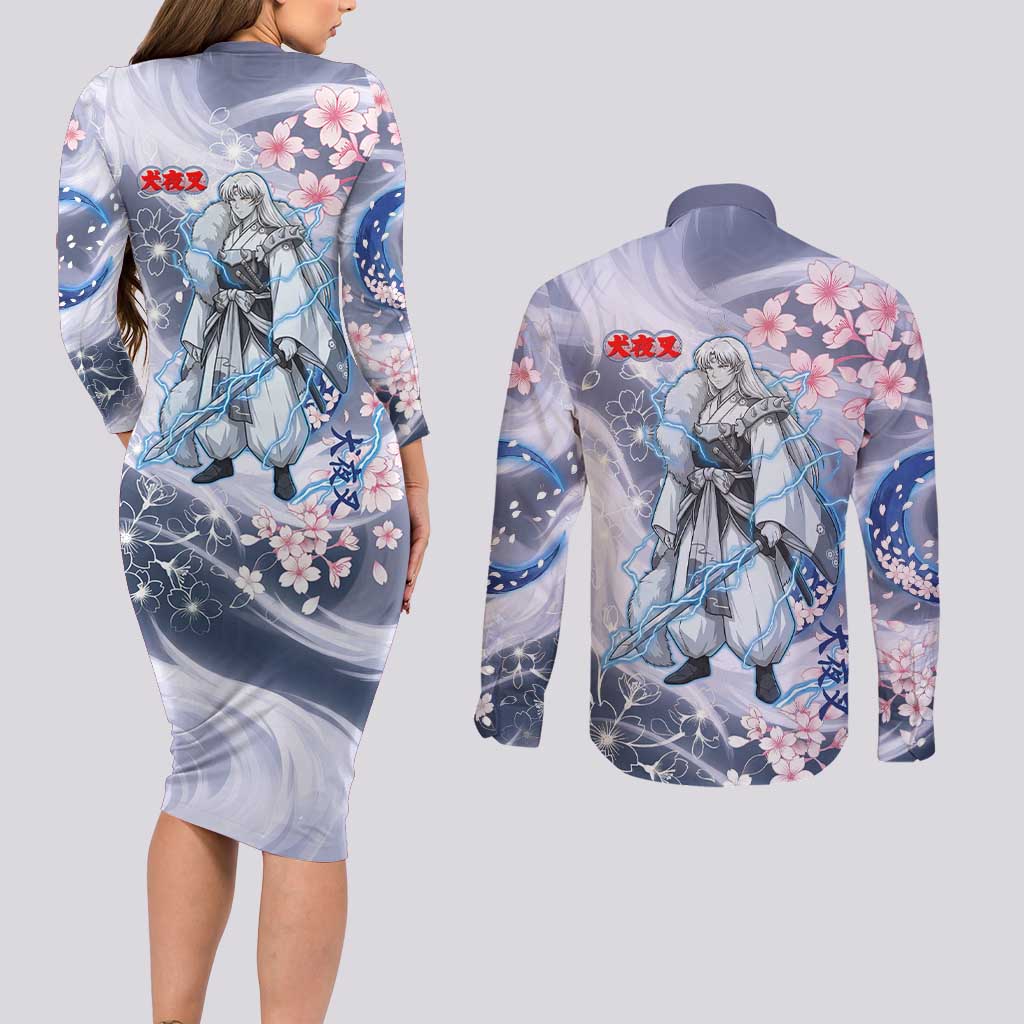 Sesshomaru Inuyasha Series Couples Matching Long Sleeve Bodycon Dress and Long Sleeve Button Shirt Elegant Sakura Storm Style with Crescent Moon Motif