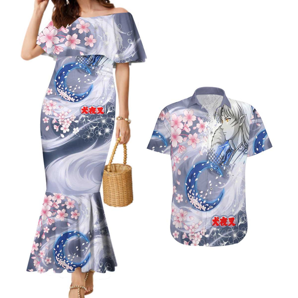 Sesshomaru Inuyasha Series Couples Matching Mermaid Dress and Hawaiian Shirt Elegant Sakura Storm Style with Crescent Moon Motif