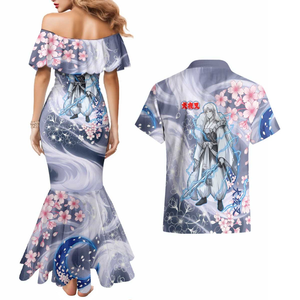 Sesshomaru Inuyasha Series Couples Matching Mermaid Dress and Hawaiian Shirt Elegant Sakura Storm Style with Crescent Moon Motif