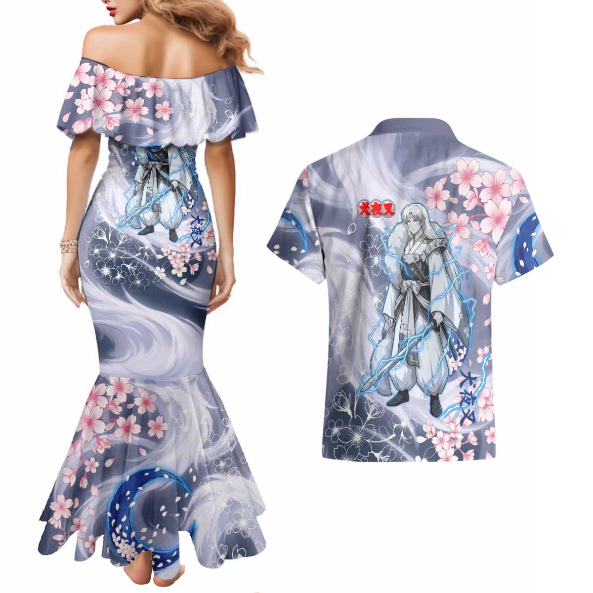 Sesshomaru Inuyasha Series Couples Matching Mermaid Dress and Hawaiian Shirt Elegant Sakura Storm Style with Crescent Moon Motif