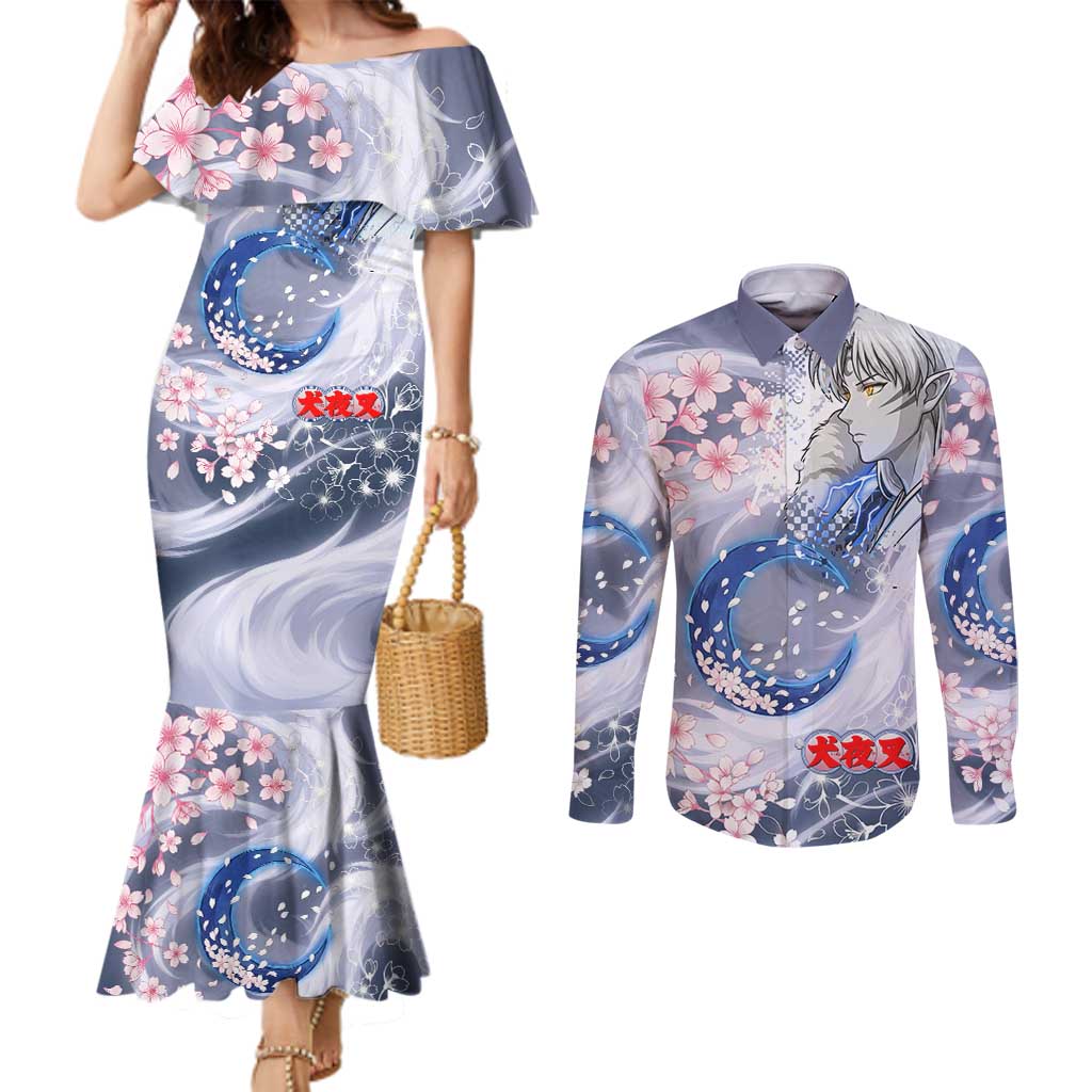 Sesshomaru Inuyasha Series Couples Matching Mermaid Dress and Long Sleeve Button Shirt Elegant Sakura Storm Style with Crescent Moon Motif