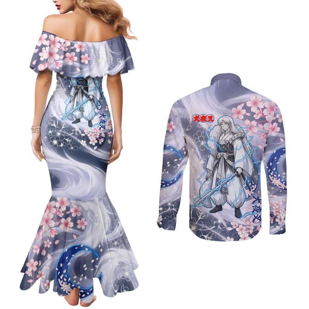 Sesshomaru Inuyasha Series Couples Matching Mermaid Dress and Long Sleeve Button Shirt Elegant Sakura Storm Style with Crescent Moon Motif