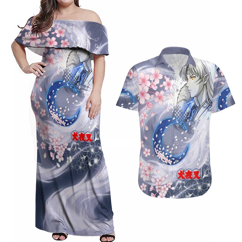 Sesshomaru Inuyasha Series Couples Matching Off Shoulder Maxi Dress and Hawaiian Shirt Elegant Sakura Storm Style with Crescent Moon Motif