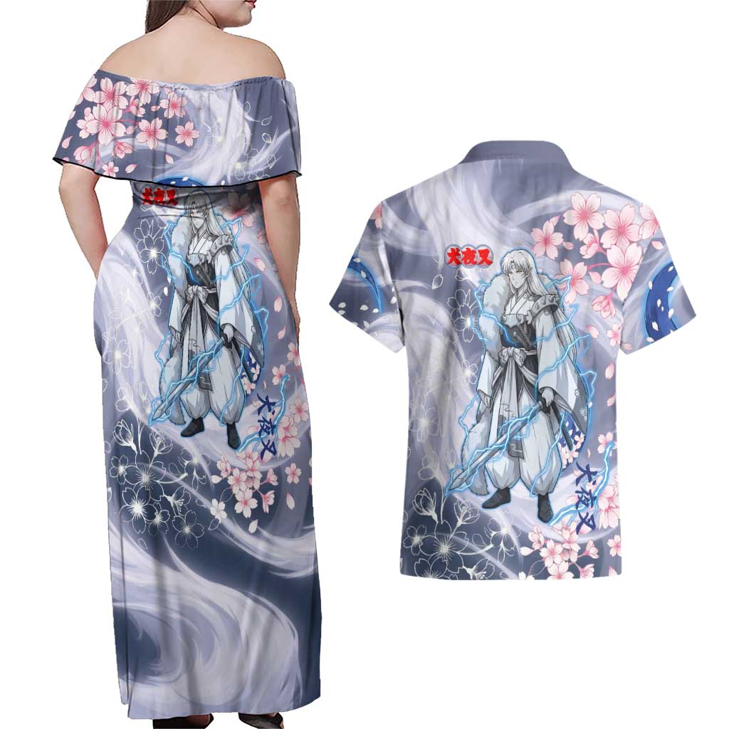 Sesshomaru Inuyasha Series Couples Matching Off Shoulder Maxi Dress and Hawaiian Shirt Elegant Sakura Storm Style with Crescent Moon Motif