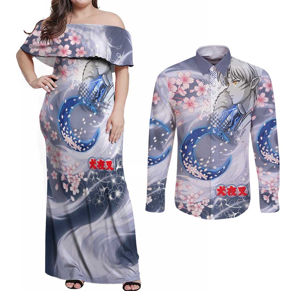 Sesshomaru Inuyasha Series Couples Matching Off Shoulder Maxi Dress and Long Sleeve Button Shirt Elegant Sakura Storm Style with Crescent Moon Motif