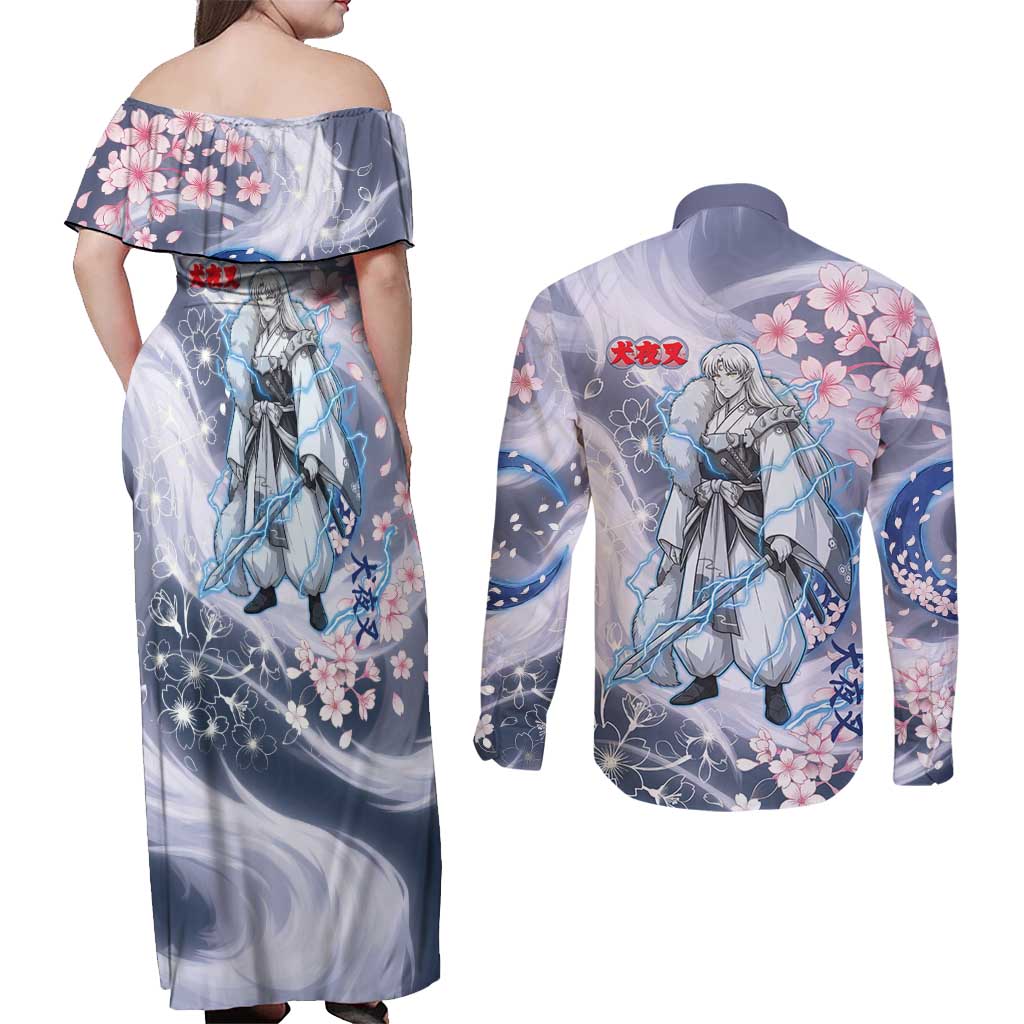 Sesshomaru Inuyasha Series Couples Matching Off Shoulder Maxi Dress and Long Sleeve Button Shirt Elegant Sakura Storm Style with Crescent Moon Motif