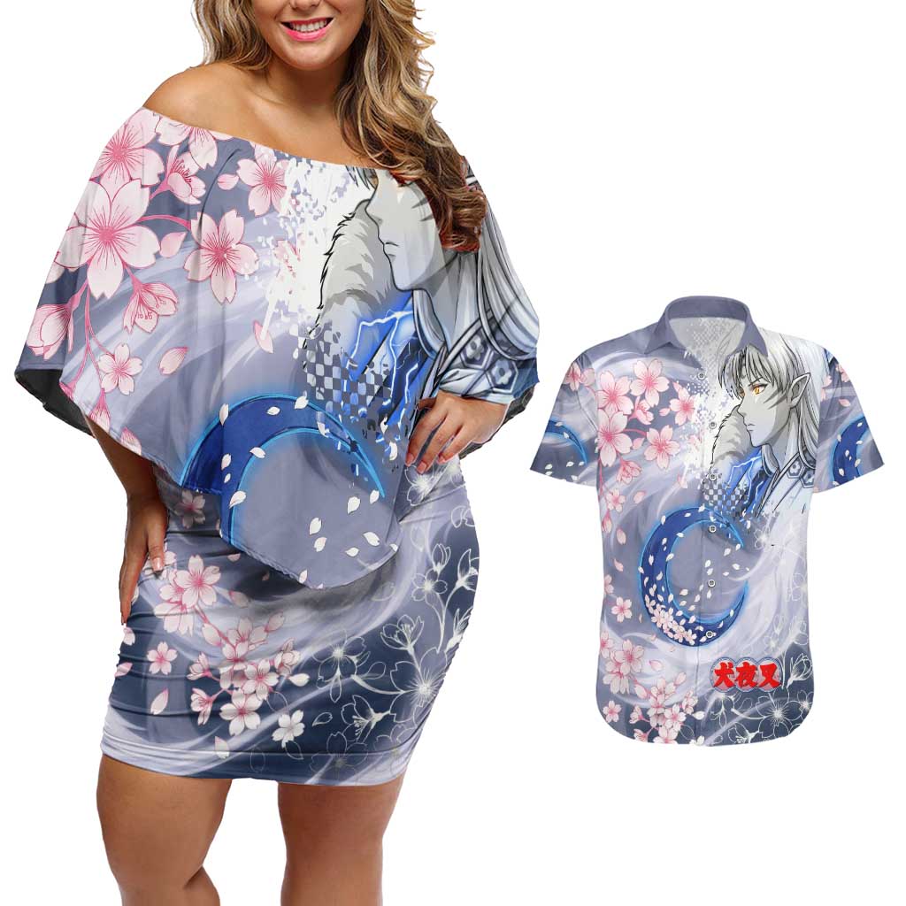 Sesshomaru Inuyasha Series Couples Matching Off Shoulder Short Dress and Hawaiian Shirt Elegant Sakura Storm Style with Crescent Moon Motif