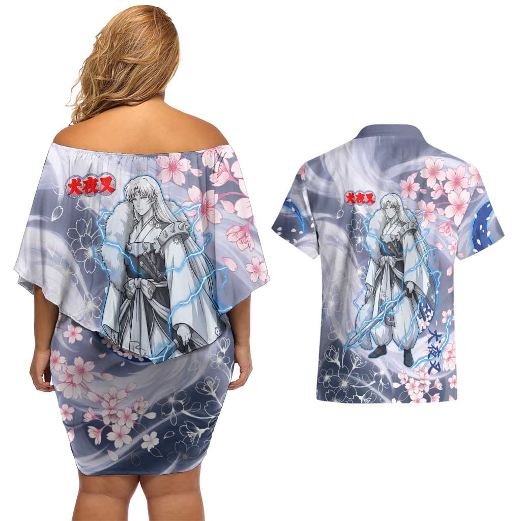 Sesshomaru Inuyasha Series Couples Matching Off Shoulder Short Dress and Hawaiian Shirt Elegant Sakura Storm Style with Crescent Moon Motif