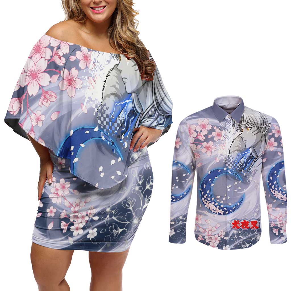 Sesshomaru Inuyasha Series Couples Matching Off Shoulder Short Dress and Long Sleeve Button Shirt Elegant Sakura Storm Style with Crescent Moon Motif