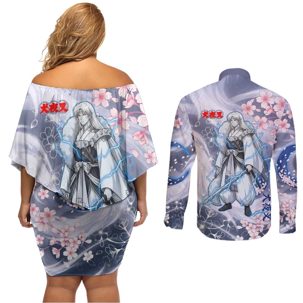 Sesshomaru Inuyasha Series Couples Matching Off Shoulder Short Dress and Long Sleeve Button Shirt Elegant Sakura Storm Style with Crescent Moon Motif