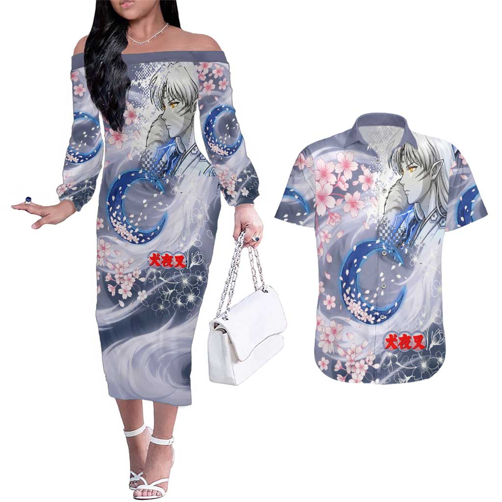 Sesshomaru Inuyasha Series Couples Matching Off The Shoulder Long Sleeve Dress and Hawaiian Shirt Elegant Sakura Storm Style with Crescent Moon Motif