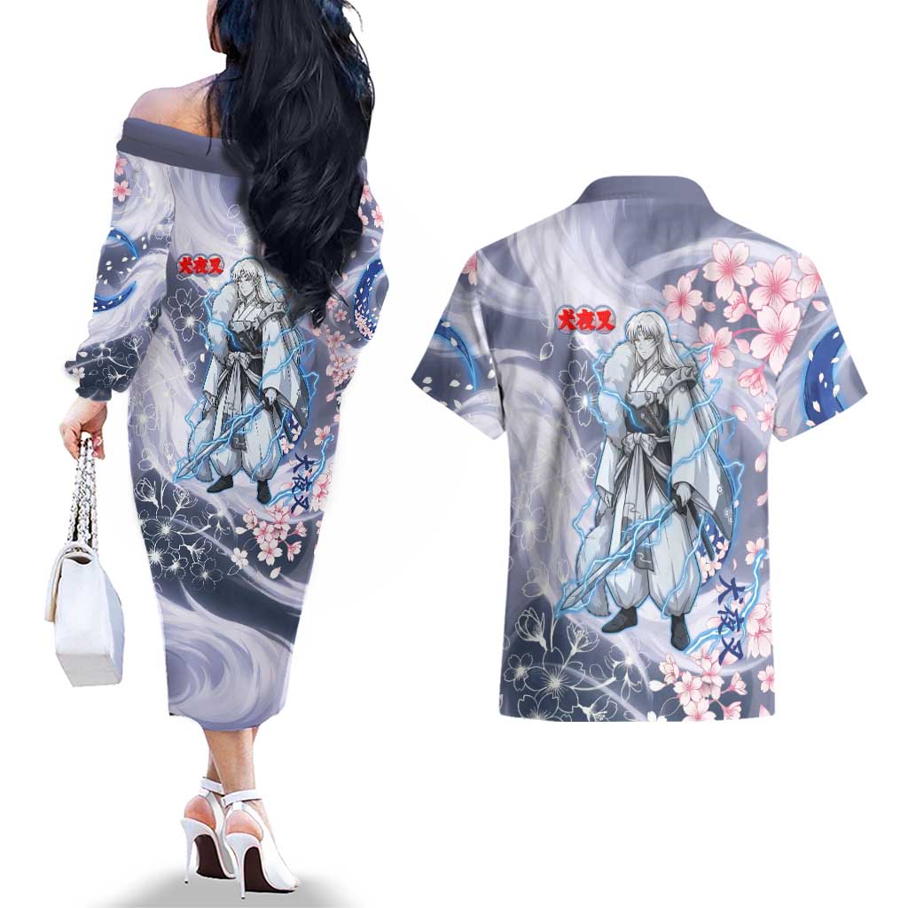 Sesshomaru Inuyasha Series Couples Matching Off The Shoulder Long Sleeve Dress and Hawaiian Shirt Elegant Sakura Storm Style with Crescent Moon Motif