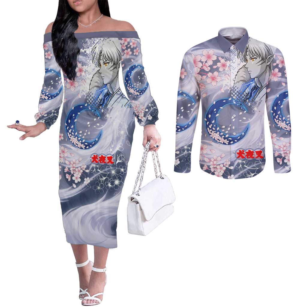 Sesshomaru Inuyasha Series Couples Matching Off The Shoulder Long Sleeve Dress and Long Sleeve Button Shirt Elegant Sakura Storm Style with Crescent Moon Motif