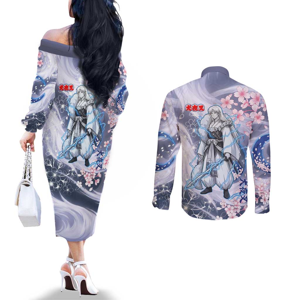 Sesshomaru Inuyasha Series Couples Matching Off The Shoulder Long Sleeve Dress and Long Sleeve Button Shirt Elegant Sakura Storm Style with Crescent Moon Motif