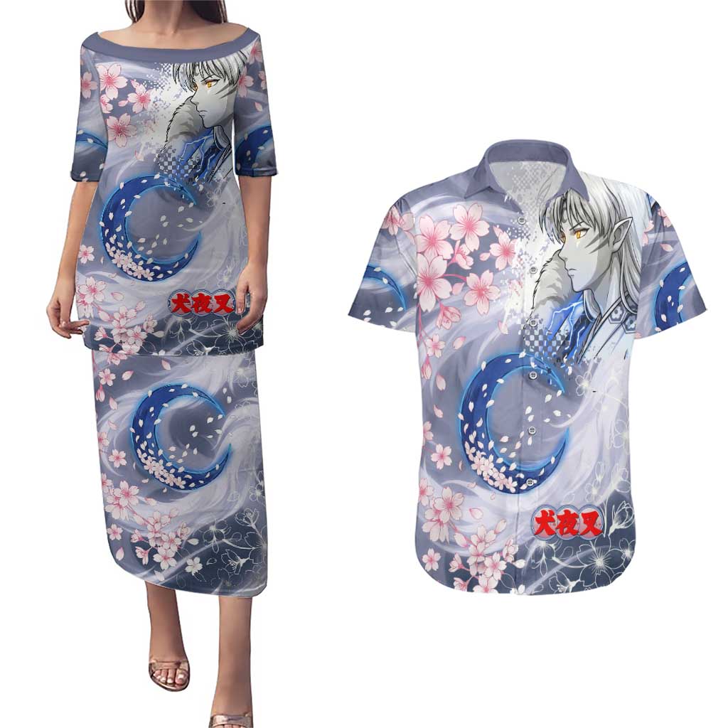 Sesshomaru Inuyasha Series Couples Matching Puletasi and Hawaiian Shirt Elegant Sakura Storm Style with Crescent Moon Motif