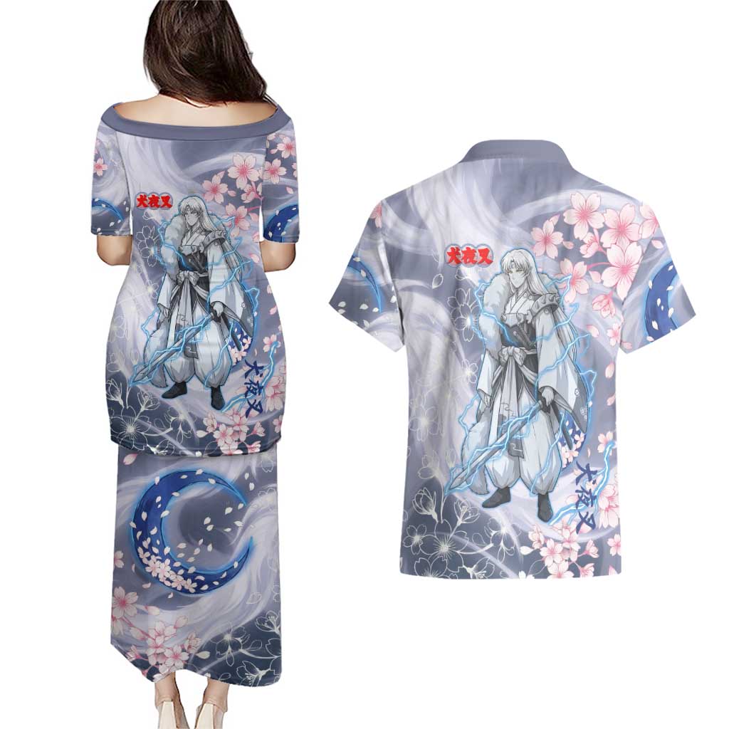 Sesshomaru Inuyasha Series Couples Matching Puletasi and Hawaiian Shirt Elegant Sakura Storm Style with Crescent Moon Motif