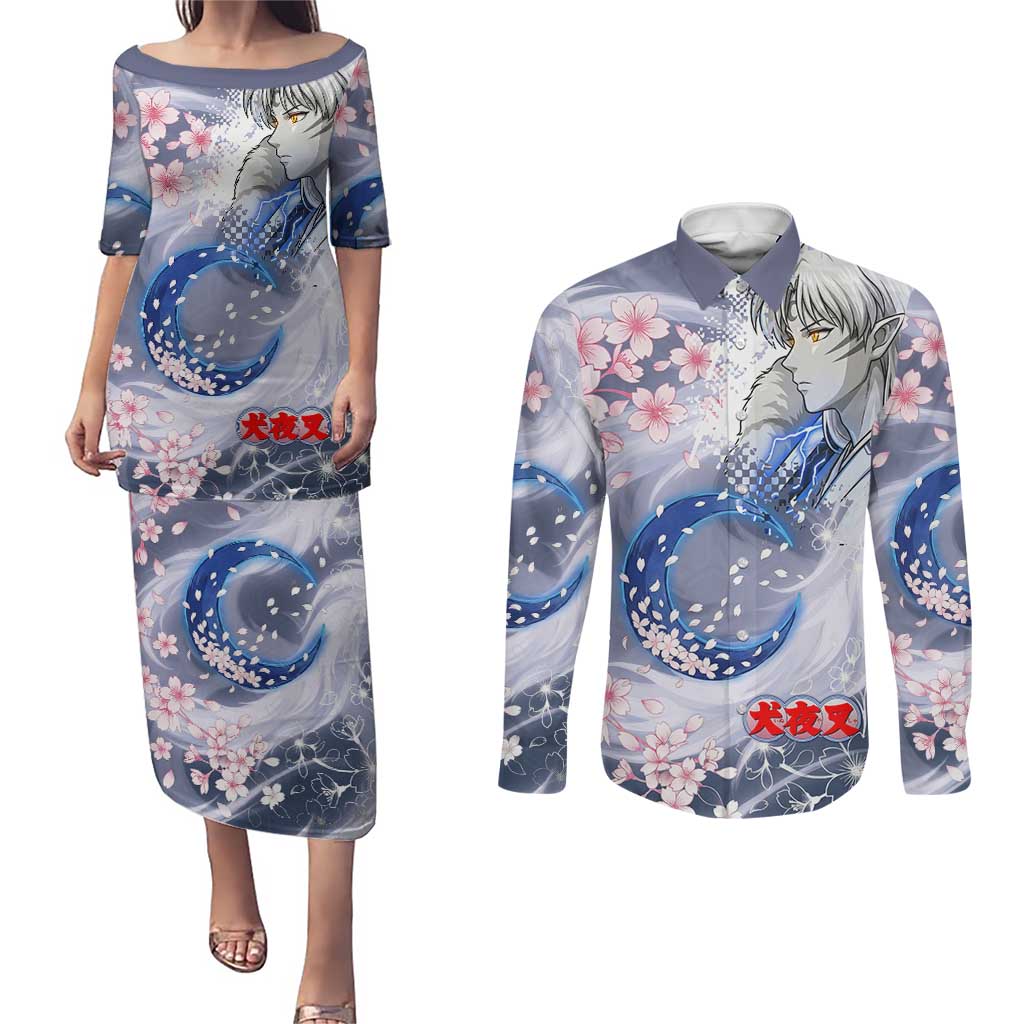 Sesshomaru Inuyasha Series Couples Matching Puletasi and Long Sleeve Button Shirt Elegant Sakura Storm Style with Crescent Moon Motif