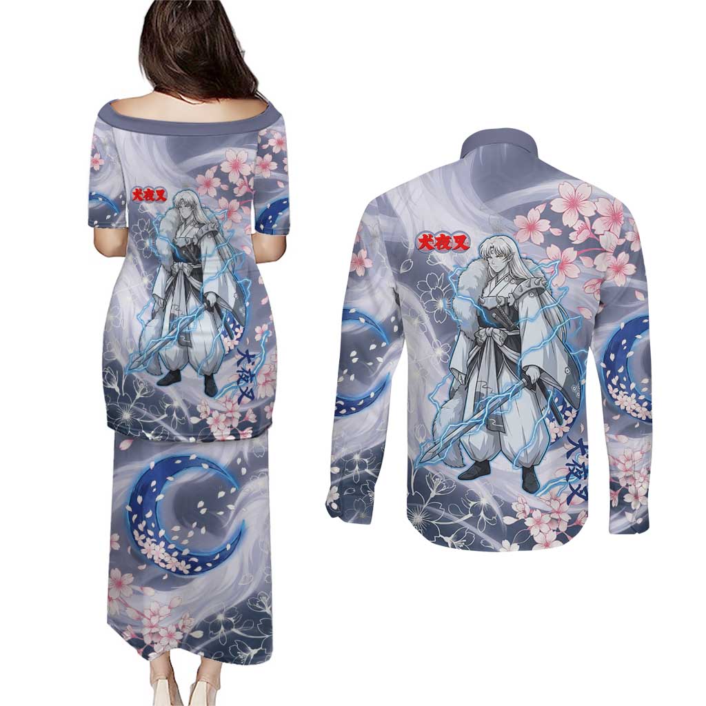 Sesshomaru Inuyasha Series Couples Matching Puletasi and Long Sleeve Button Shirt Elegant Sakura Storm Style with Crescent Moon Motif
