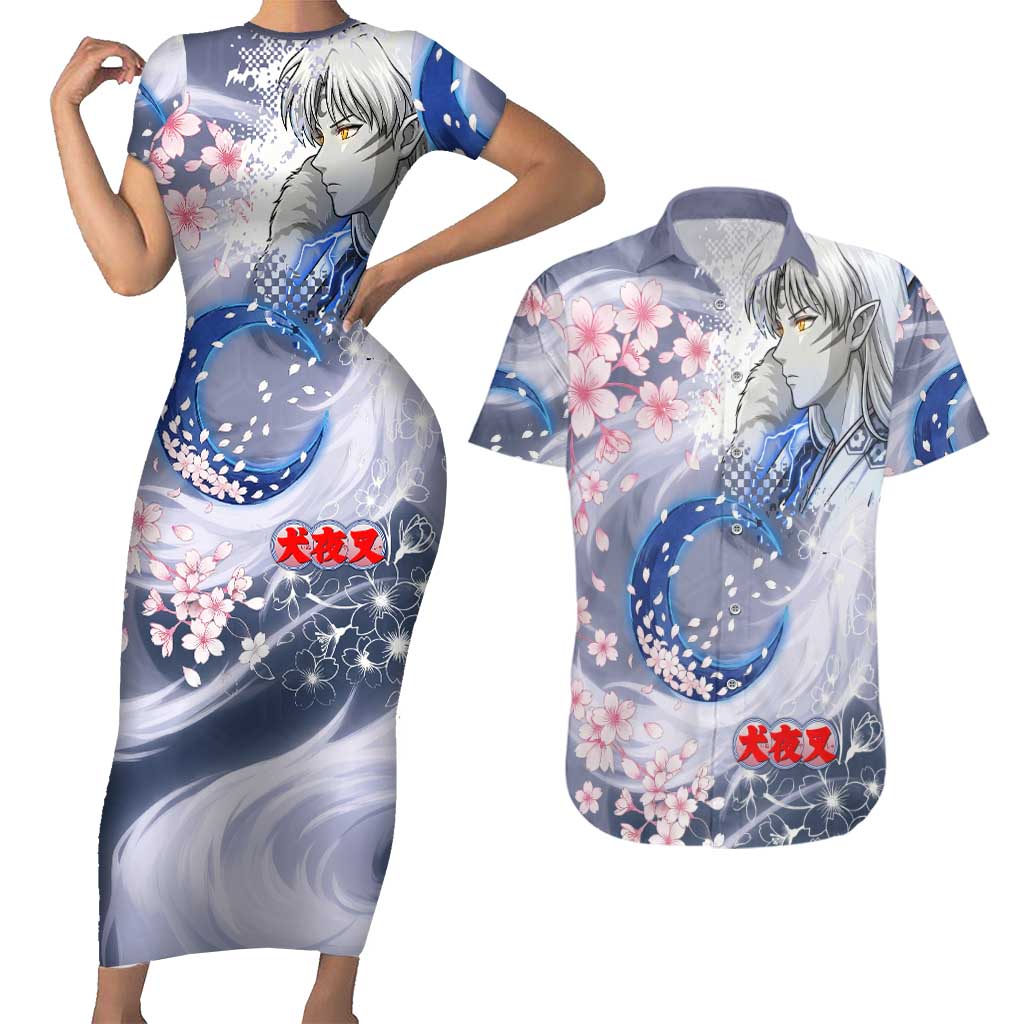 Sesshomaru Inuyasha Series Couples Matching Short Sleeve Bodycon Dress and Hawaiian Shirt Elegant Sakura Storm Style with Crescent Moon Motif