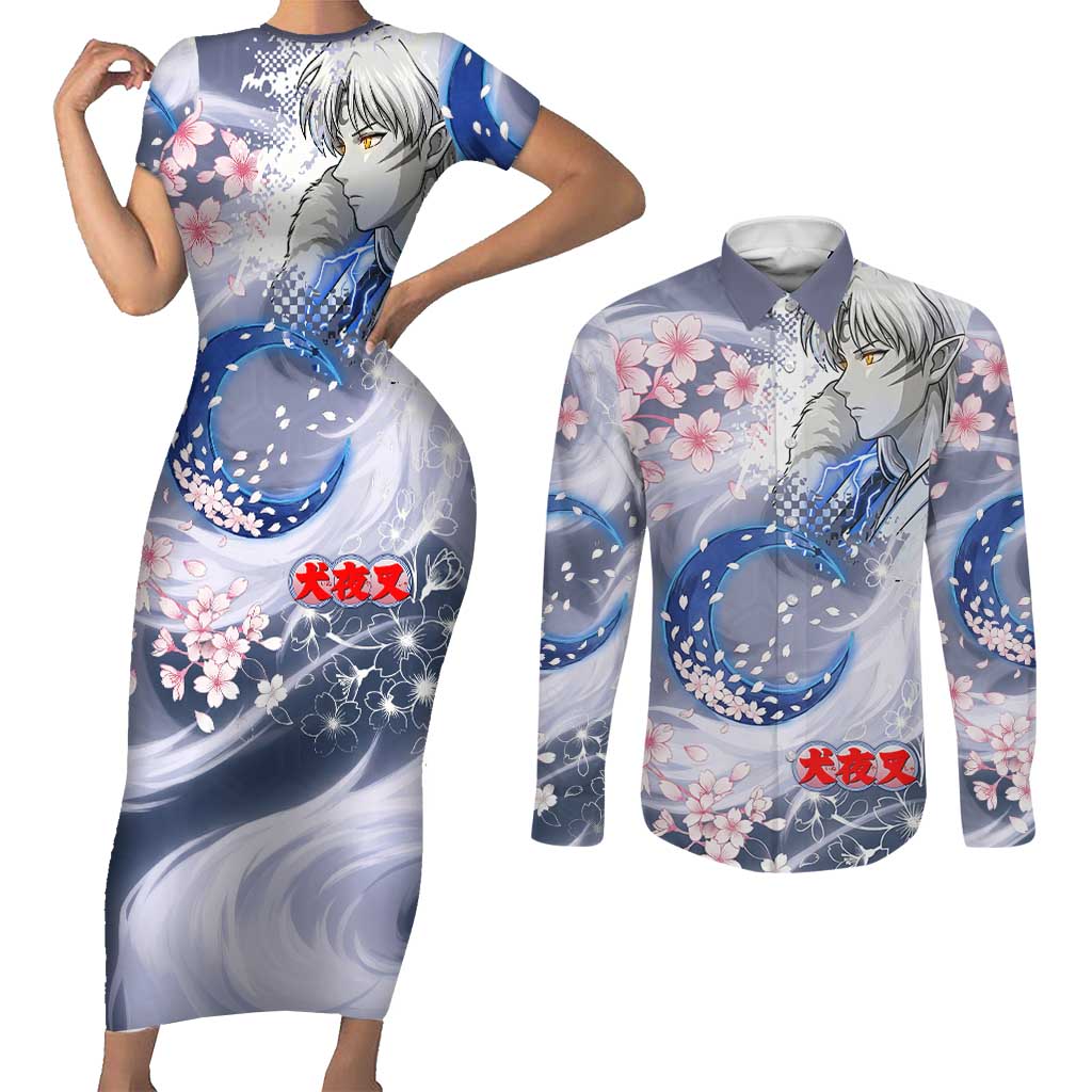 Sesshomaru Inuyasha Series Couples Matching Short Sleeve Bodycon Dress and Long Sleeve Button Shirt Elegant Sakura Storm Style with Crescent Moon Motif