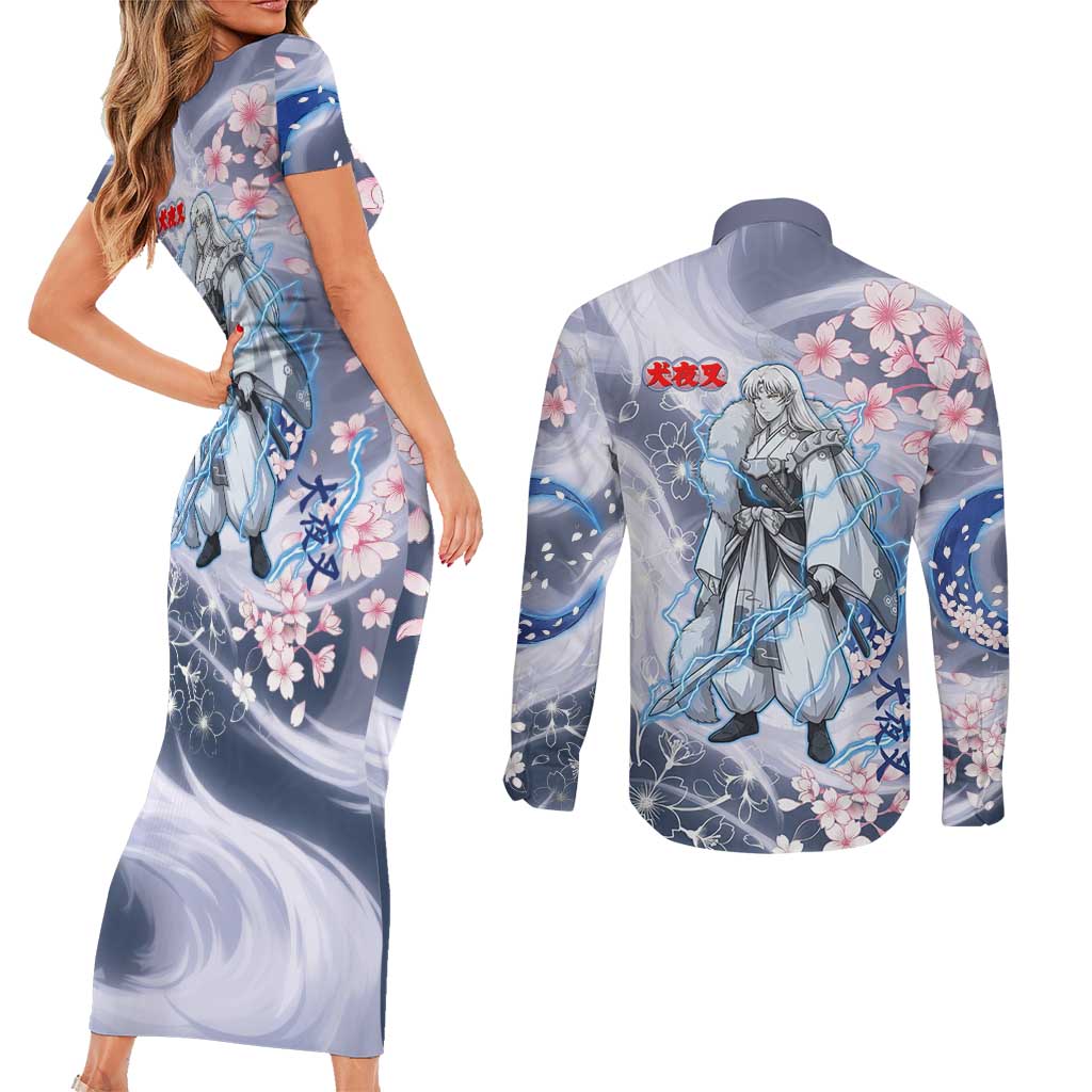 Sesshomaru Inuyasha Series Couples Matching Short Sleeve Bodycon Dress and Long Sleeve Button Shirt Elegant Sakura Storm Style with Crescent Moon Motif